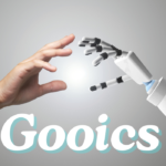 A human hand reaching toward a robotic hand against a gray background, symbolizing the connection between humans and artificial intelligence. The word “Gooics” appears at the bottom in large stylized white text with a light blue shadow effect.
