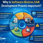 Why Is Software Bixiros.5A8 Development Process infographic showing the complete software development lifecycle, key benefits, quality assurance, and business growth strategies.