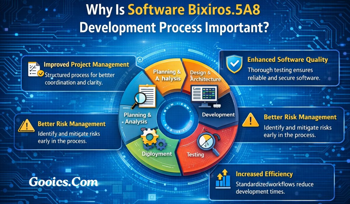 Why Is Software Bixiros.5A8 Development Process infographic showing the complete software development lifecycle, key benefits, quality assurance, and business growth strategies.