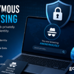 A modern cybersecurity illustration showing a laptop in anonymous browsing mode with a shield, padlock, incognito icon, secure search bar, and digital globe, representing private internet browsing, online privacy, and identity protection.