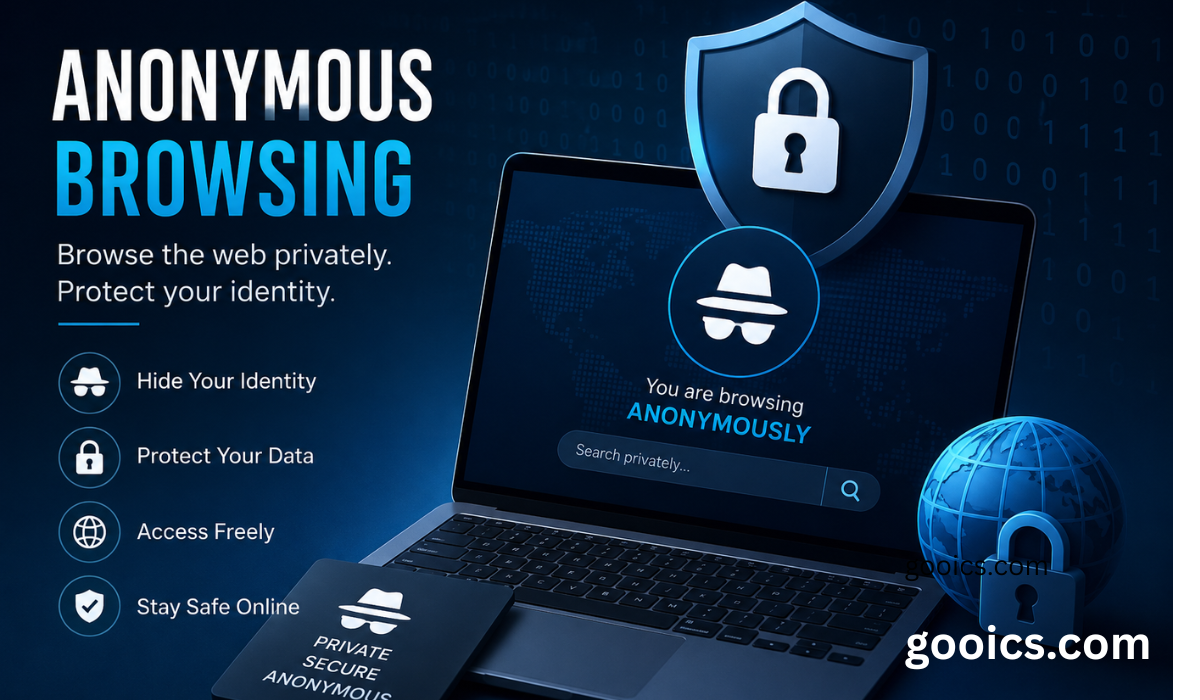 A modern cybersecurity illustration showing a laptop in anonymous browsing mode with a shield, padlock, incognito icon, secure search bar, and digital globe, representing private internet browsing, online privacy, and identity protection.