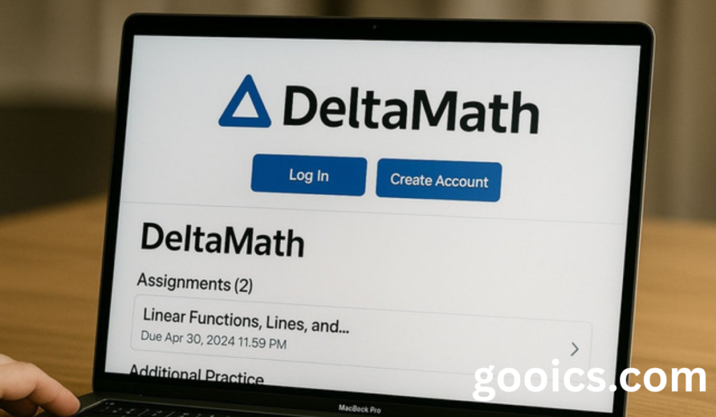 t Delta Math Login page displayed on a laptop screen with Log In and Create Account buttons, showing student assignments for online math learning.