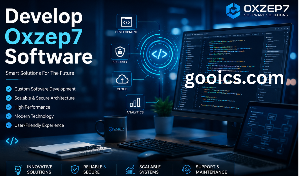 Viewport Image: Develop Oxzep7 Software – A futuristic software development workspace featuring advanced coding screens, cybersecurity icons, cloud integration, analytics systems, and modern digital technology elements with a professional blue neon interface design.