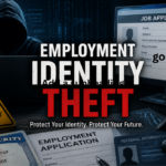 Employment Identity Theft concept showing a cybercriminal stealing personal information to obtain fraudulent employment through digital identity theft.