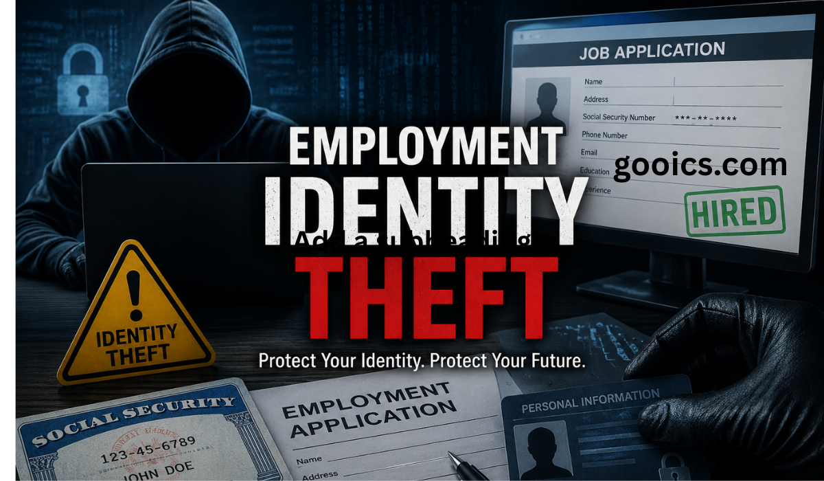 Employment Identity Theft concept showing a cybercriminal stealing personal information to obtain fraudulent employment through digital identity theft.