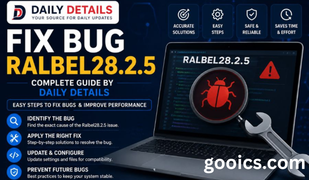 Illustrated promotional graphic titled "Fix Bug Ralbel28.2.5" showing a laptop screen with a red bug warning icon, a wrench, and a magnifying glass. The design includes step-by-step bug-fixing guidance such as identifying the issue, applying the correct fix, updating configurations, and preventing future bugs. Icons highlight accurate solutions, easy steps, safety, and time-saving benefits.