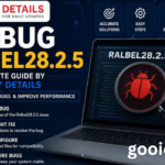 Illustrated promotional graphic titled "Fix Bug Ralbel28.2.5" showing a laptop screen with a red bug warning icon, a wrench, and a magnifying glass. The design includes step-by-step bug-fixing guidance such as identifying the issue, applying the correct fix, updating configurations, and preventing future bugs. Icons highlight accurate solutions, easy steps, safety, and time-saving benefits.