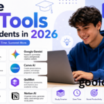 Free AI Tools for Students in 2026 featuring ChatGPT, Google Gemini, Claude, Canva AI, Grammarly, QuillBot, ChatPDF, and Notion AI helping students study smarter and boost productivity.