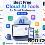 Best Free Cloud AI Tools for Small Businesses in 2026 infographic featuring cloud AI platforms including ChatGPT, Google Gemini, Microsoft Copilot, Canva AI, Grammarly, Notion AI, HubSpot AI, Zapier AI, Perplexity AI, and Otter.ai, with a laptop dashboard illustrating AI-powered business productivity, automation, and cost savings.
