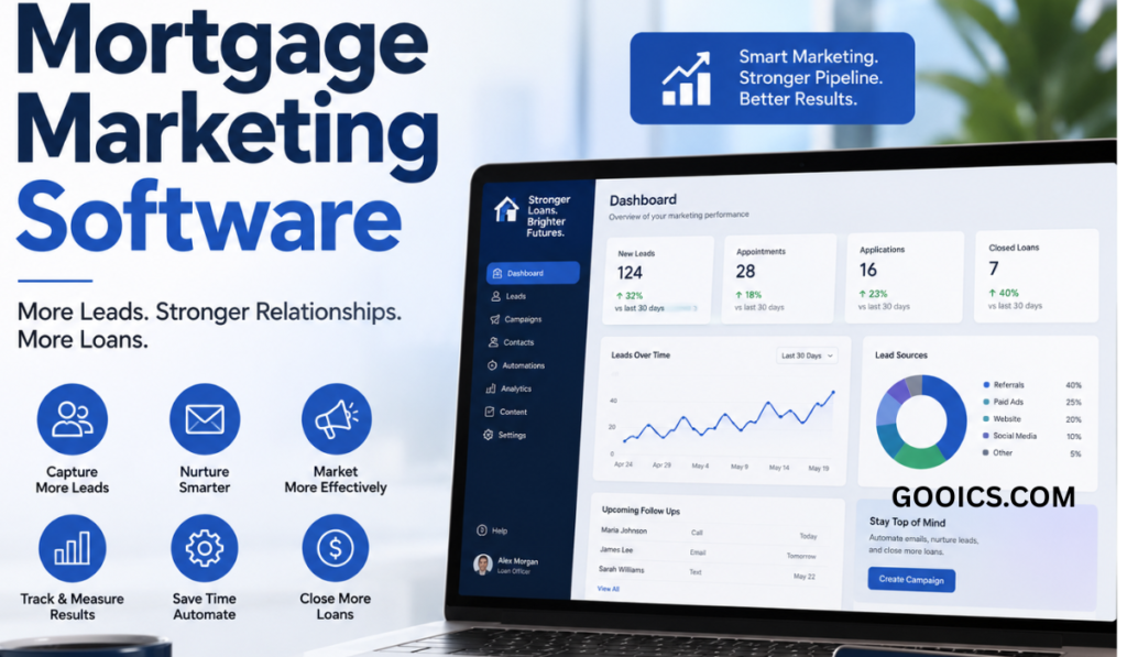 Mortgage Marketing Software dashboard displayed on a laptop with analytics, lead generation tools, email marketing, automation features, and mortgage business growth icons in a modern office setting.