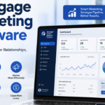 Mortgage Marketing Software dashboard displayed on a laptop with analytics, lead generation tools, email marketing, automation features, and mortgage business growth icons in a modern office setting.