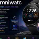Promotional poster of Omniwatc smartwatch showing features like health tracking, sports modes, notifications, and 10-day battery life.