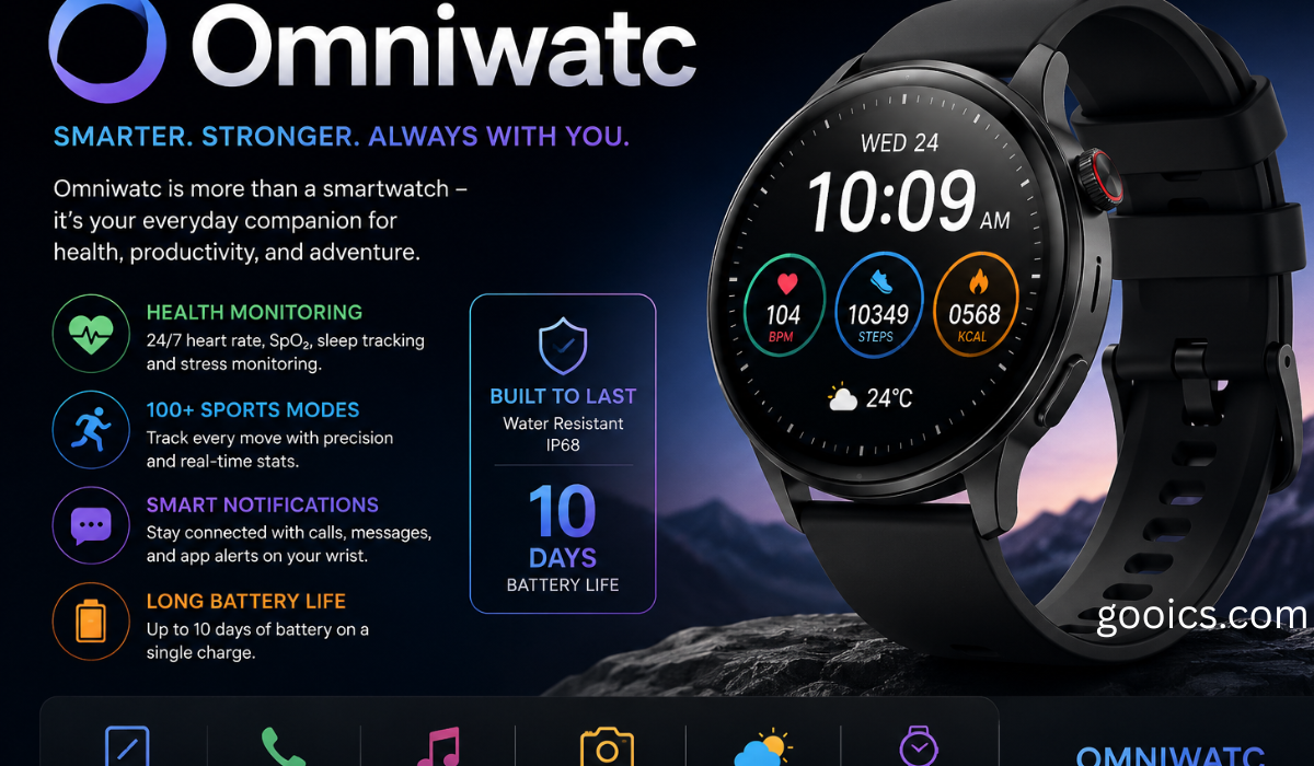 Promotional poster of Omniwatc smartwatch showing features like health tracking, sports modes, notifications, and 10-day battery life.