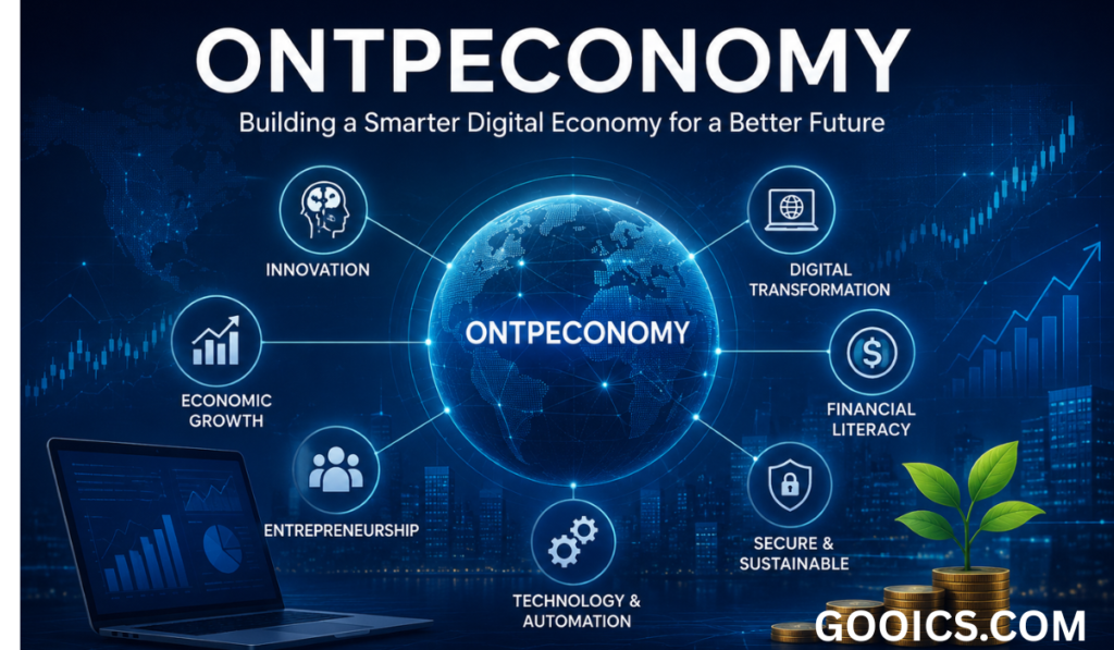 Ontpeconomy digital economy illustration featuring a glowing global network, financial growth charts, technology icons, innovation, digital transformation, entrepreneurship, financial literacy, automation, secure business systems, and sustainable economic development. The futuristic blue infographic highlights smart digital solutions, global connectivity, and modern economic growth, making it ideal as a featured image for articles about Ontpeconomy, digital finance, business innovation, and technology-driven economic transformation