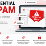 Graphic warning about potential spam email showing a laptop with a suspicious message and icons for unknown links, unexpected attachments, and unsafe requests.