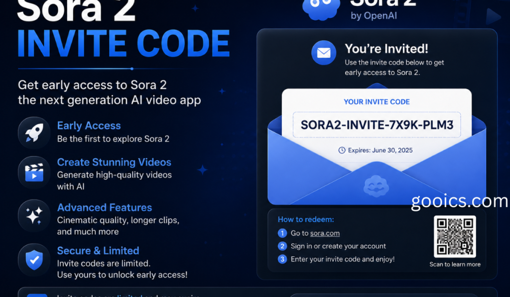 Promotional graphic for a “Sora 2 invite code” showing early access features, a sample invite code, and instructions to redeem it.