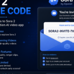 Promotional graphic for a “Sora 2 invite code” showing early access features, a sample invite code, and instructions to redeem it.