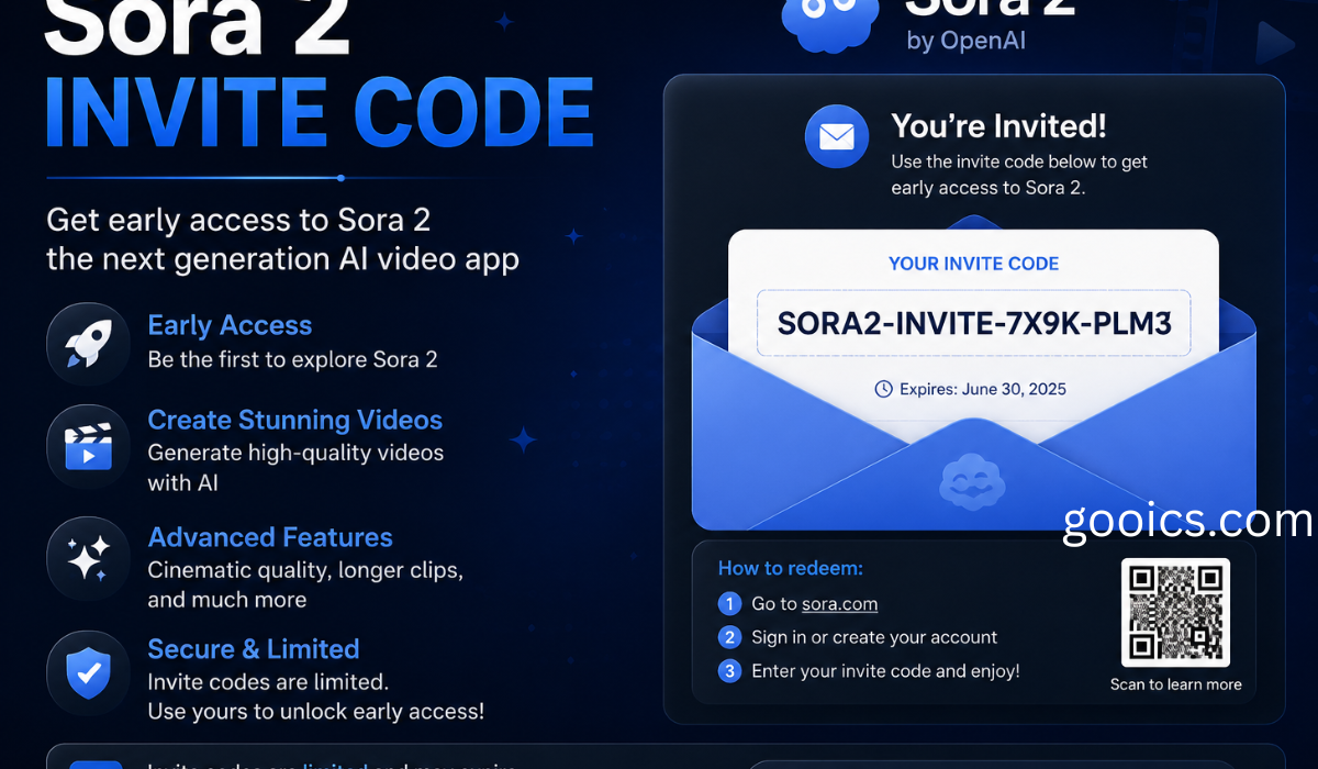 Promotional graphic for a “Sora 2 invite code” showing early access features, a sample invite code, and instructions to redeem it.
