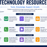 Infographic titled “Technology Resources” showing categories like learning, development, and productivity tools with examples such as online courses, APIs, cloud services, and project management tools.