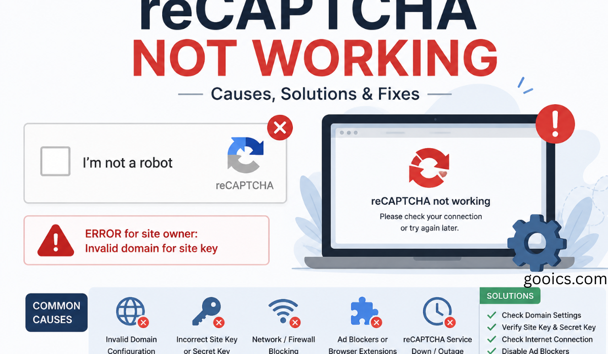 Infographic showing “reCAPTCHA not working” error with causes like invalid domain, incorrect keys, network issues, and solutions such as checking settings and internet connection.