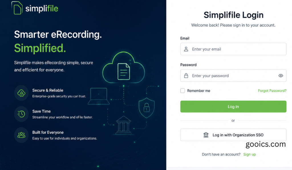 Simplifile login page showing secure sign-in form with email and password fields alongside cloud-based eRecording software features and branding.