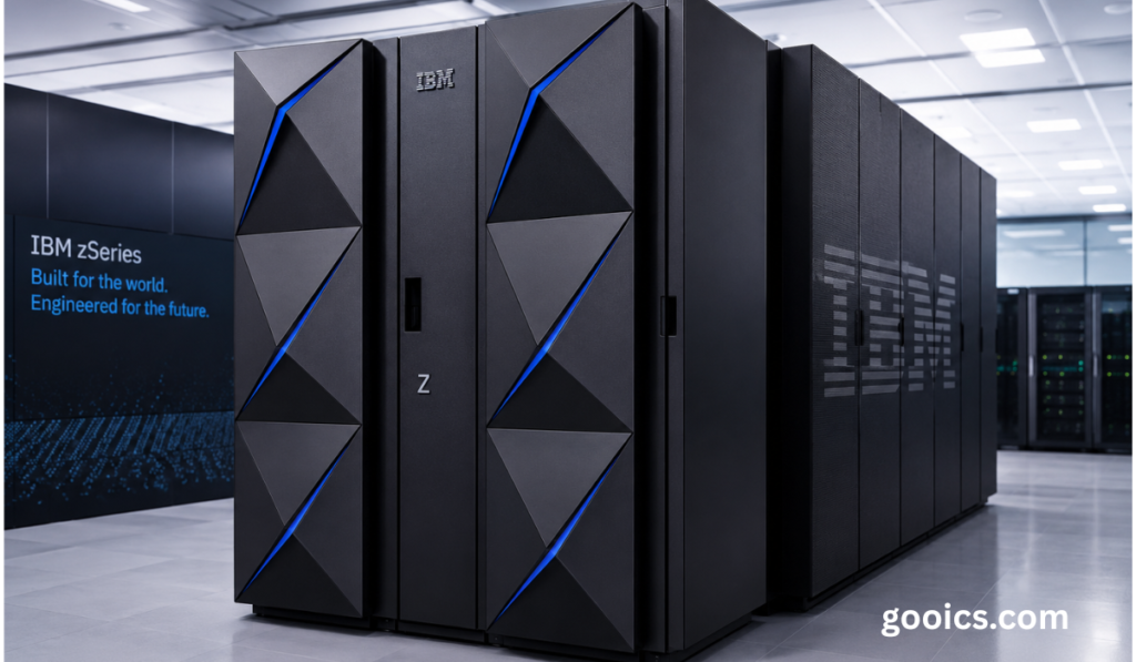 **Alt Text:** Modern mainframe computer system in a high-tech data center **Caption:** Mainframe computer technology powering enterprise data processing **Description:** A modern mainframe computer system installed in a secure data center, representing powerful enterprise computing, large-scale data processing, and advanced technology infrastructure.