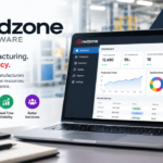 Redzone Software dashboard on a laptop for manufacturing production management, real-time performance tracking, process control, inventory, quality monitoring, and operational efficiency.