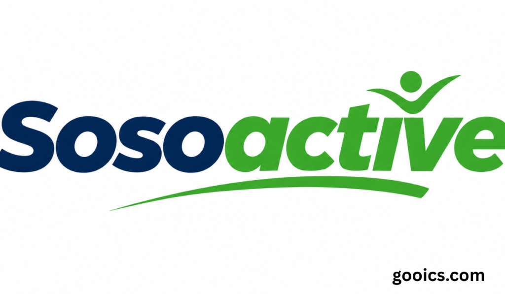 Sosoactive logo with bold blue and green text and a stylized active fitness figure