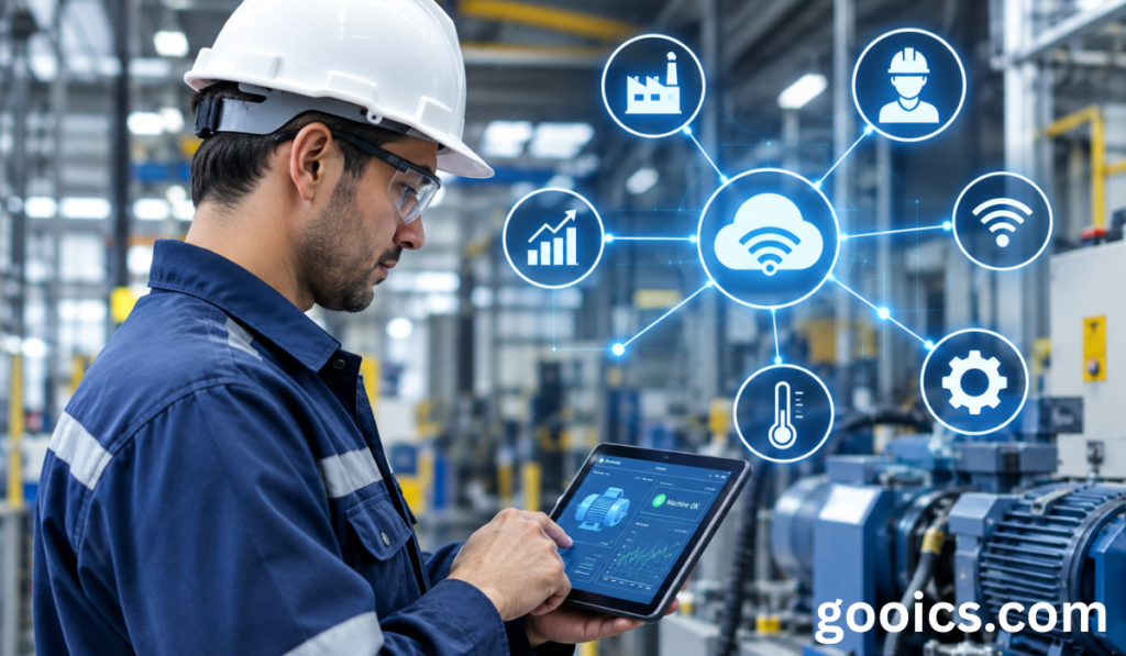 Alt text: Connected industrial worker using a tablet in a smart factory with IoT technology and connected machinery.