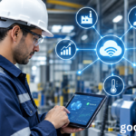 Alt text: Connected industrial worker using a tablet in a smart factory with IoT technology and connected machinery.