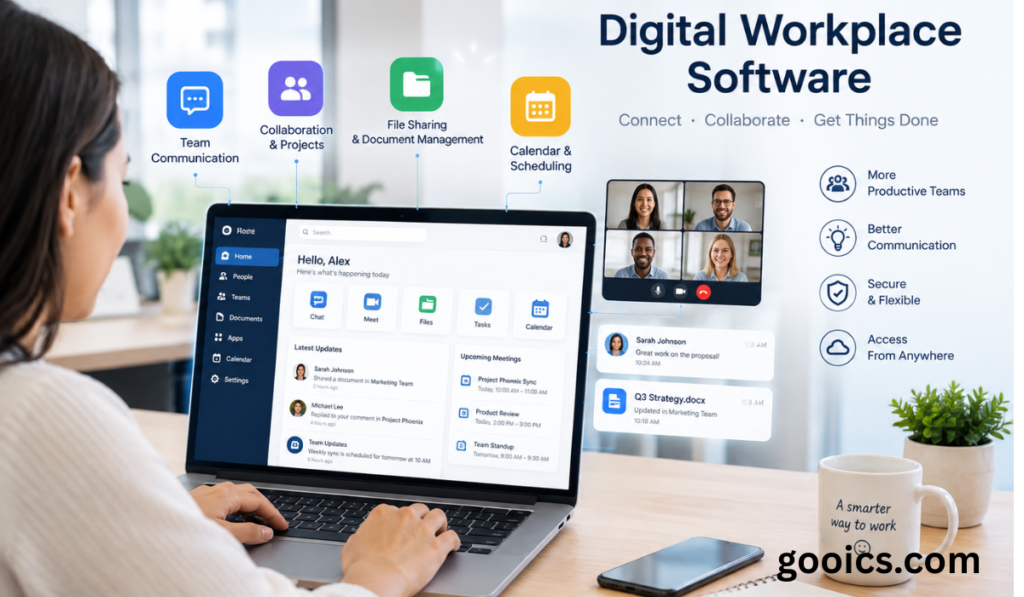 **Alt Text:** Digital workplace software dashboard on a laptop showing team communication, collaboration, file sharing, calendar scheduling, and virtual meeting features in a modern office.