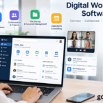**Alt Text:** Digital workplace software dashboard on a laptop showing team communication, collaboration, file sharing, calendar scheduling, and virtual meeting features in a modern office.