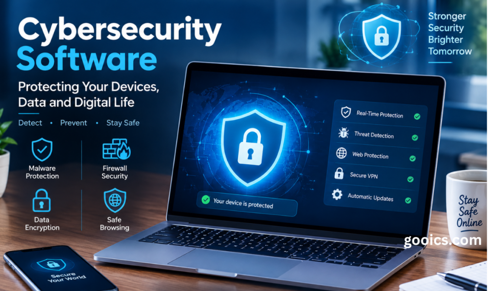 Cybersecurity software protecting a laptop and smartphone with digital security features, including malware protection, firewall security, data encryption, safe browsing, real-time threat detection, web protection, and secure VPN.
