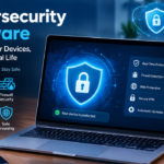 Cybersecurity software protecting a laptop and smartphone with digital security features, including malware protection, firewall security, data encryption, safe browsing, real-time threat detection, web protection, and secure VPN.