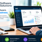 ECI Software Solutions providing modern business software technology with a laptop displaying a digital business dashboard and cloud, ERP, and business intelligence solutions