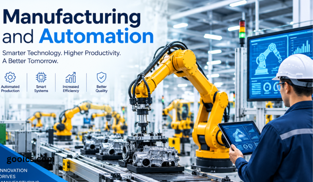 Manufacturing and automation with robotic arms in a modern smart factory
