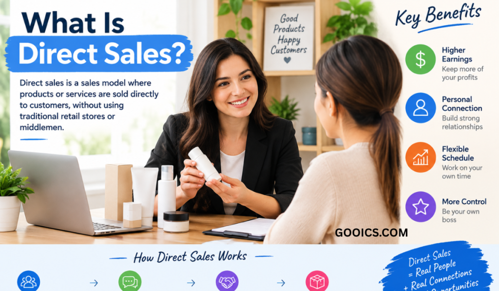 What Is Direct Sales infographic explaining how direct sales works, showing a salesperson demonstrating products directly to customers, discussing product benefits, and completing a sale without a traditional retail store.