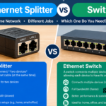 Ethernet splitter vs switch comparison showing their differences in network connections, speed, bandwidth, and performance. An Ethernet splitter shares a cable between two devices, while an Ethernet switch connects multiple devices to a network.